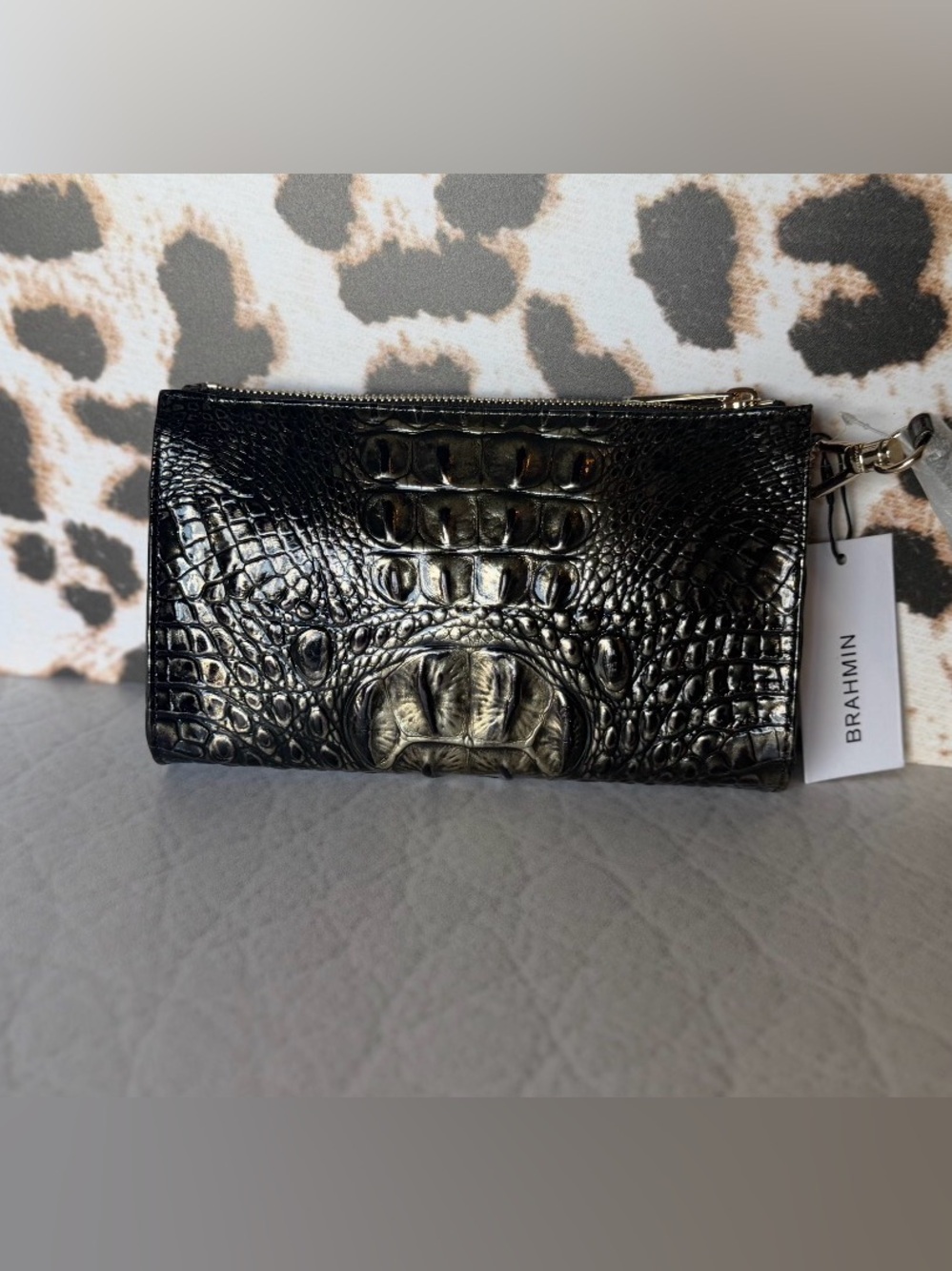 Brahmin Onyx Melbourne Croc-Embossed Metallic Clutch - Black/Gold NWT